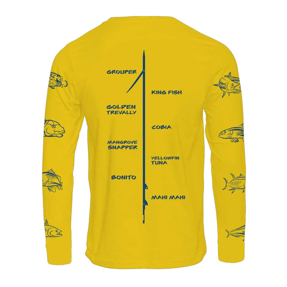 

Fish2spear Long Sleeve Performance Shirt - Fish On Sleeves - Yellow with Navy Blue Sketch